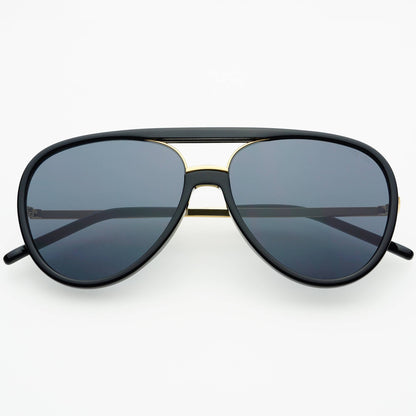Front view of the Shay black aviator sunglasses with dark lenses and gold bridge detailing.