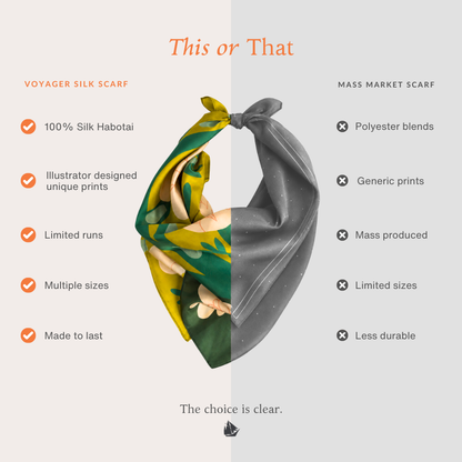 This or That comparison graphic showing Voyager Silk scarf qualities beside a mass market scarf comparison.