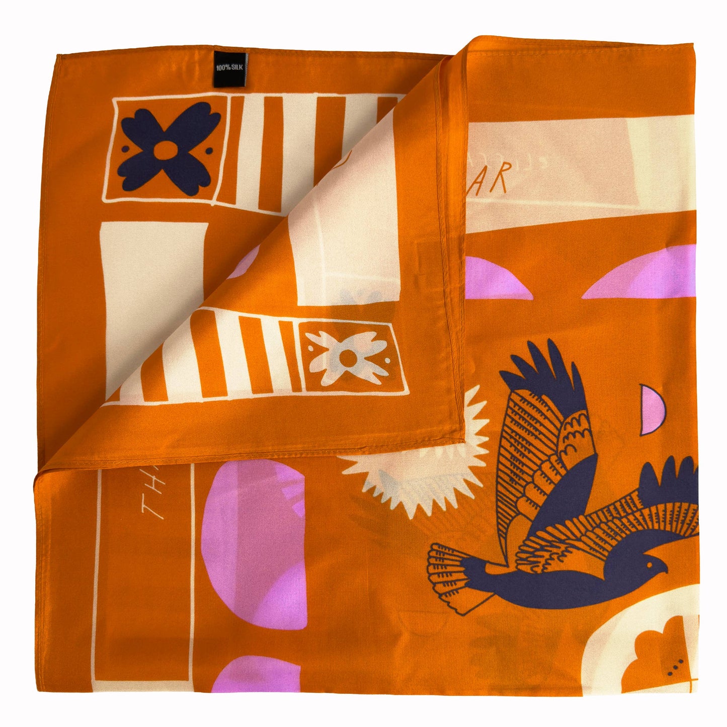 Folded Soar & Sing silk Habotai scarf showing illustrated bird artwork, cream accents, and warm orange border details.