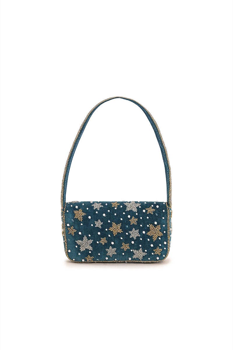 Back view of the Star Beaded Party Shoulder Bag featuring teal velvet, metallic beaded trim, and a structured shoulder strap.