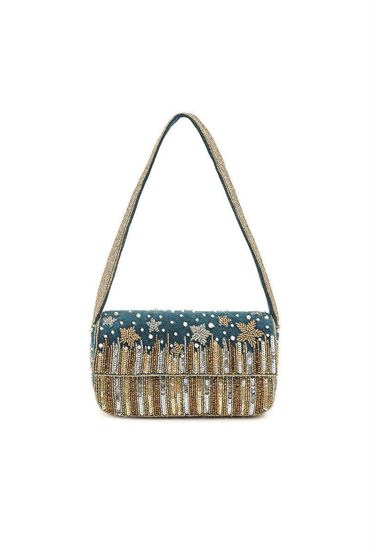 Star Beaded Party Shoulder Bag in teal velvet with celestial star embellishments, metallic beading, and a beaded shoulder strap.