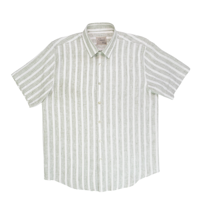 Front view of the short-sleeve linen shirt with alternating sage green and white vertical stripes and a curved hem.
