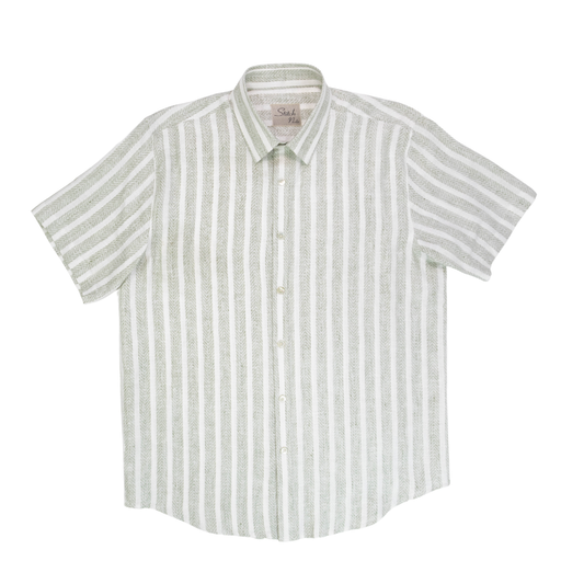 Front view of the short-sleeve linen shirt with alternating sage green and white vertical stripes and a curved hem.