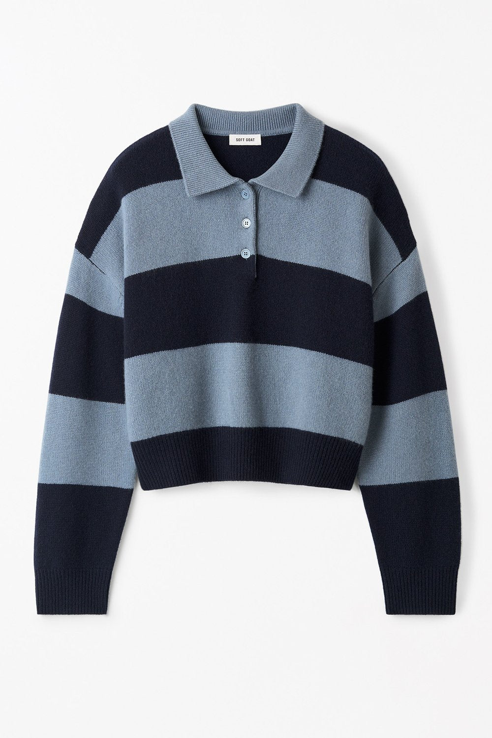 Front flat lay of the Striped Polo Shirt in Retro Blue featuring wide horizontal stripes, three-button polo neckline, and chunky knit cashmere construction.