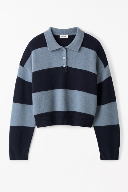 Front flat lay of the Striped Polo Shirt in Retro Blue featuring wide horizontal stripes, three-button polo neckline, and chunky knit cashmere construction.