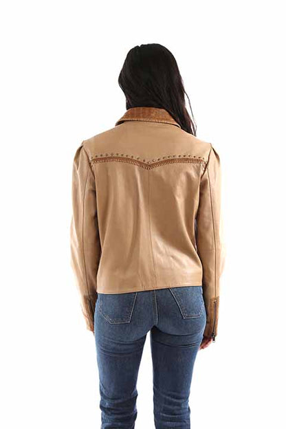 Back view of a tan studded trim leather jacket with Western-inspired yoke detail and contrast collar.