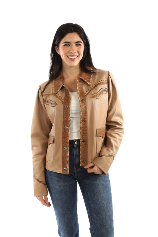 Model wearing a tan studded trim leather jacket with contrast leather trim, front pockets, and decorative studs.