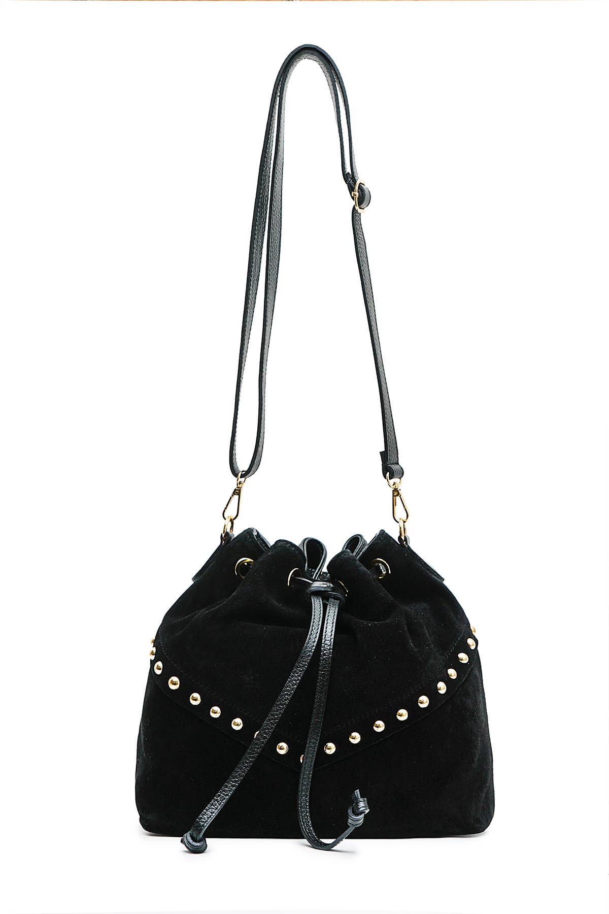 Front view of the Régine Suede Bag in noir suede with gold-tone studs, drawstring closure, and adjustable shoulder strap.
