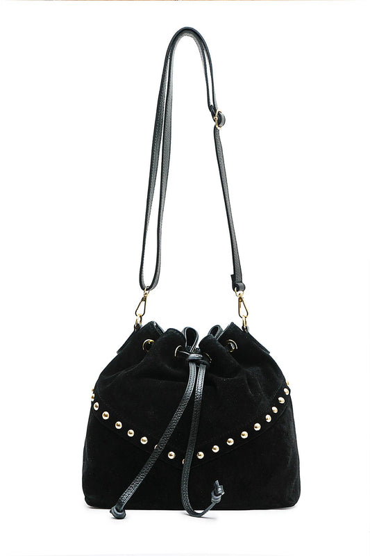 Front view of the Régine Suede Bag in noir suede with gold-tone studs, drawstring closure, and adjustable shoulder strap.