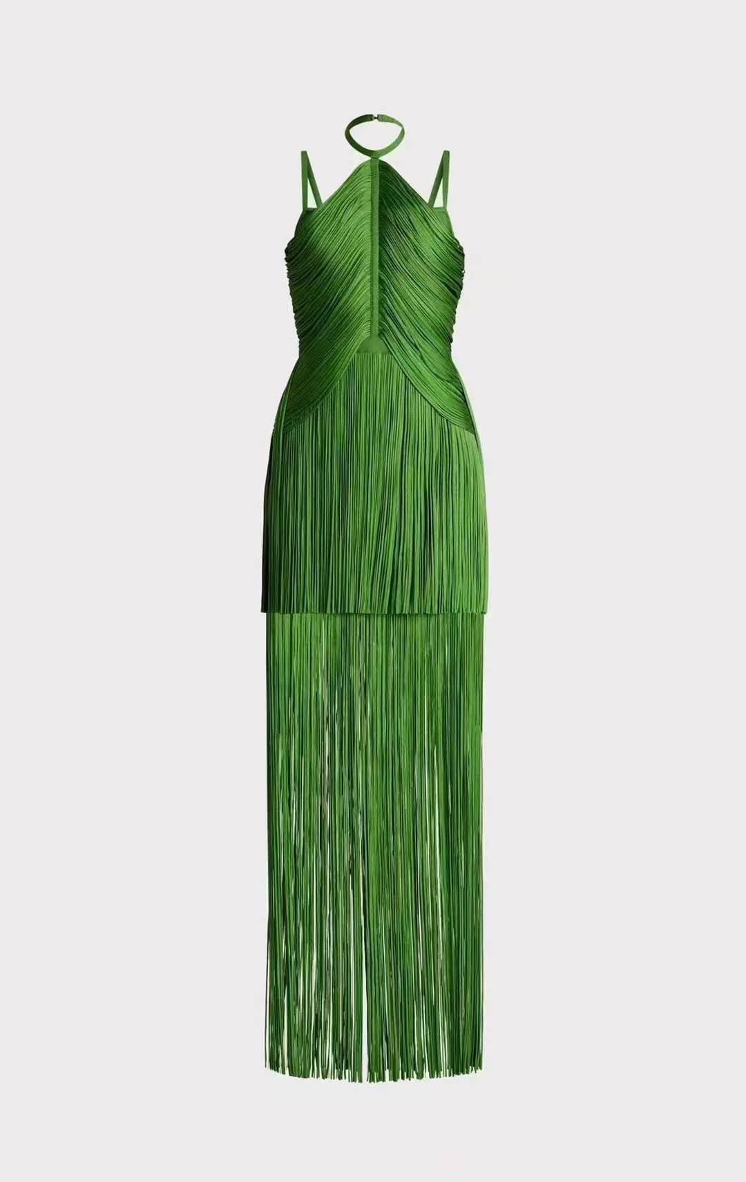 Back view of the emerald green fringe halter maxi dress with slim straps, fitted bodice, back zip closure, and cascading fringe hem.