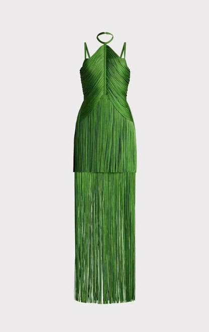 Back view of the emerald green fringe halter maxi dress with slim straps, fitted bodice, back zip closure, and cascading fringe hem.