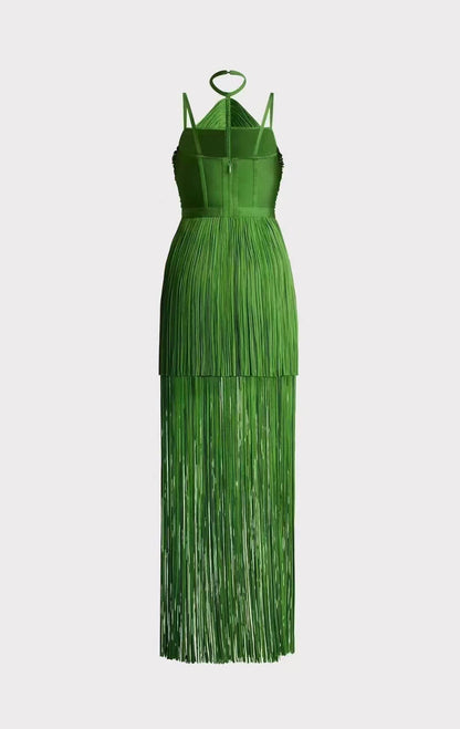 Front view of the Sultry Green Fringe Halter Maxi Dress in emerald green featuring layered fringe detailing, halter neckline, and flowing maxi-length silhouette.