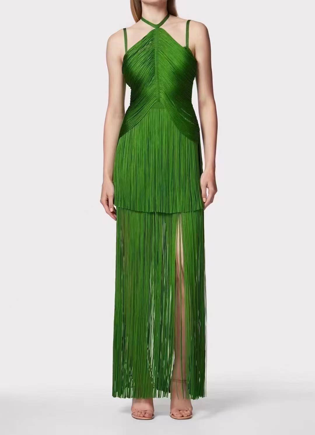 Full-length front view of the Sultry Green Fringe Halter Maxi Dress with sculpted bodice, dramatic fringe skirt, and elegant evening silhouette.