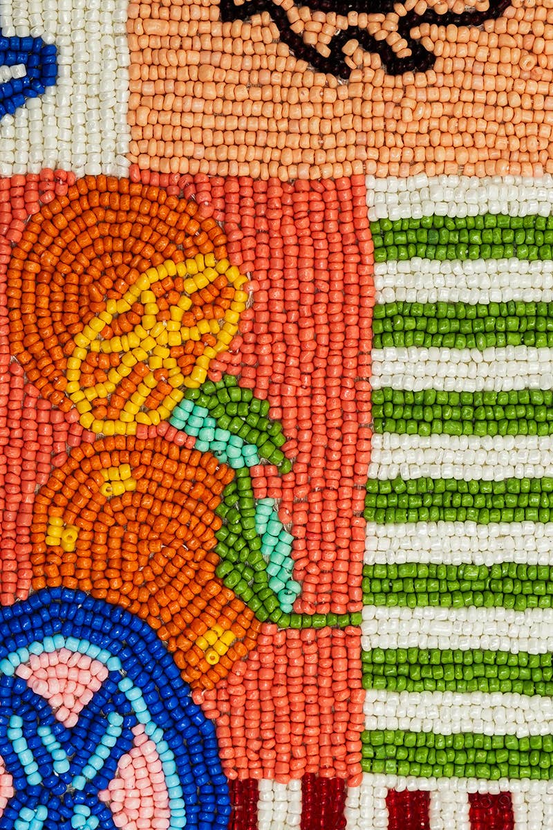 Close-up of the Sun & Sea Beaded Shoulder Bag showing colorful aquatic-inspired beadwork and textured embellishments.