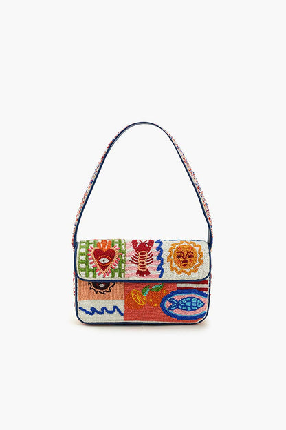 Sun & Sea Beaded Shoulder Bag with colorful Mediterranean-inspired aquatic beadwork, navy blue binding, and structured silhouette.