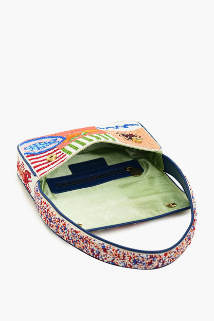 Open Sun & Sea Beaded Shoulder Bag showing the mint green satin-lined interior and structured flap closure.