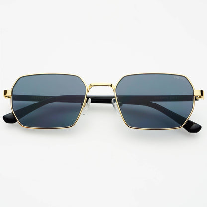 Front view of Superior unisex sunglasses featuring a gold stainless steel frame and gray lenses.