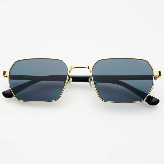 Front view of Superior unisex sunglasses featuring a gold stainless steel frame and gray lenses.