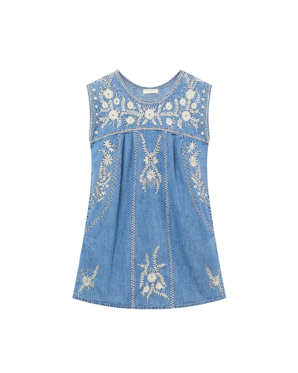 Full front flat lay of the Sylvie Arizona embroidered denim mini dress in Blue Haze with white floral and geometric embroidery