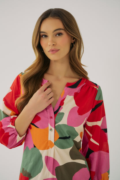 Tamia printed mini dress in ivory multi with abstract pattern and notched neckline, front detail view