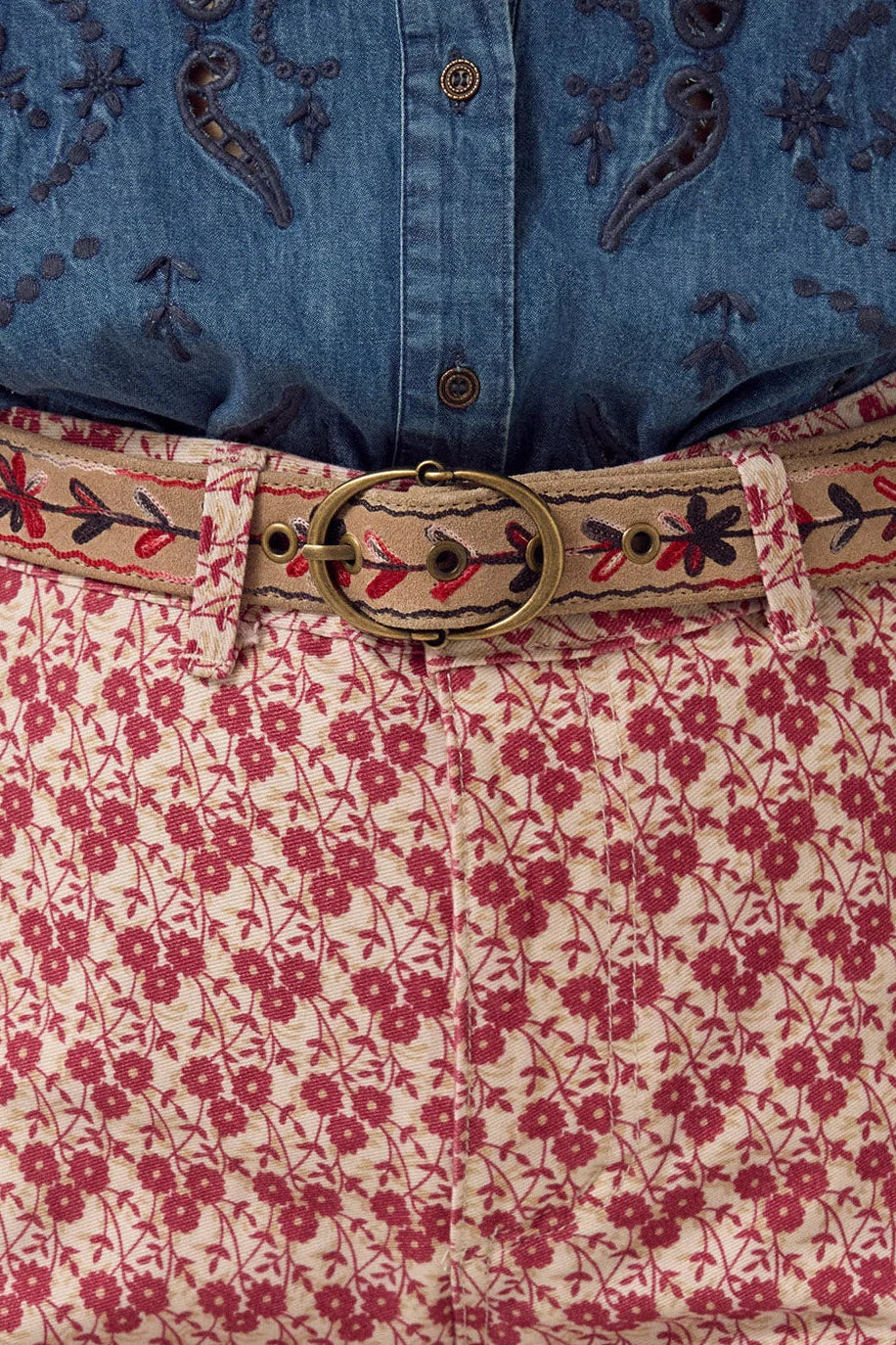 Thar Belt - Karma Thread styled at the waist with a denim top and red floral skirt.