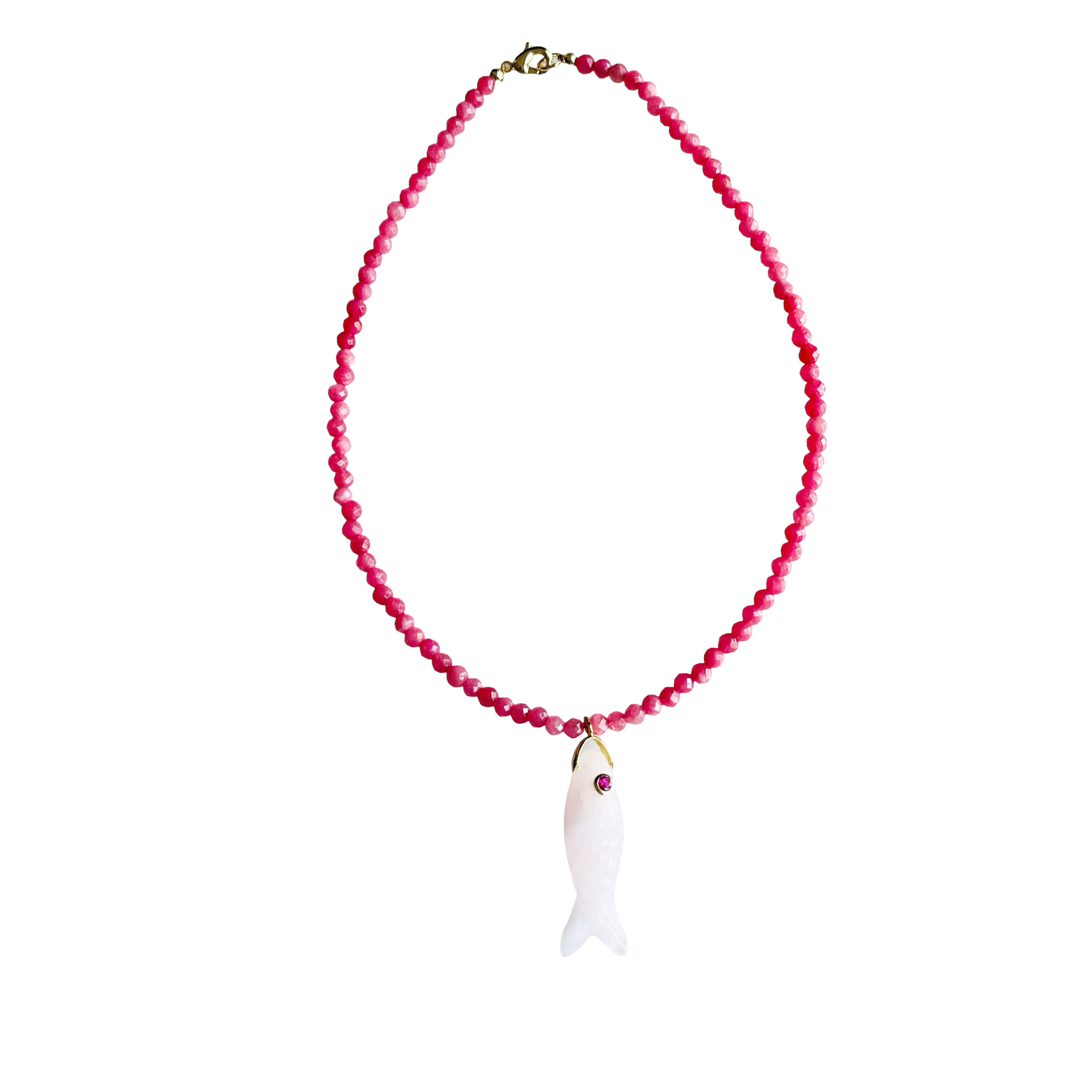 Pink jade gemstone bead necklace with a carved rose quartz fish pendant, gem eye detail, and gold-plated hardware.