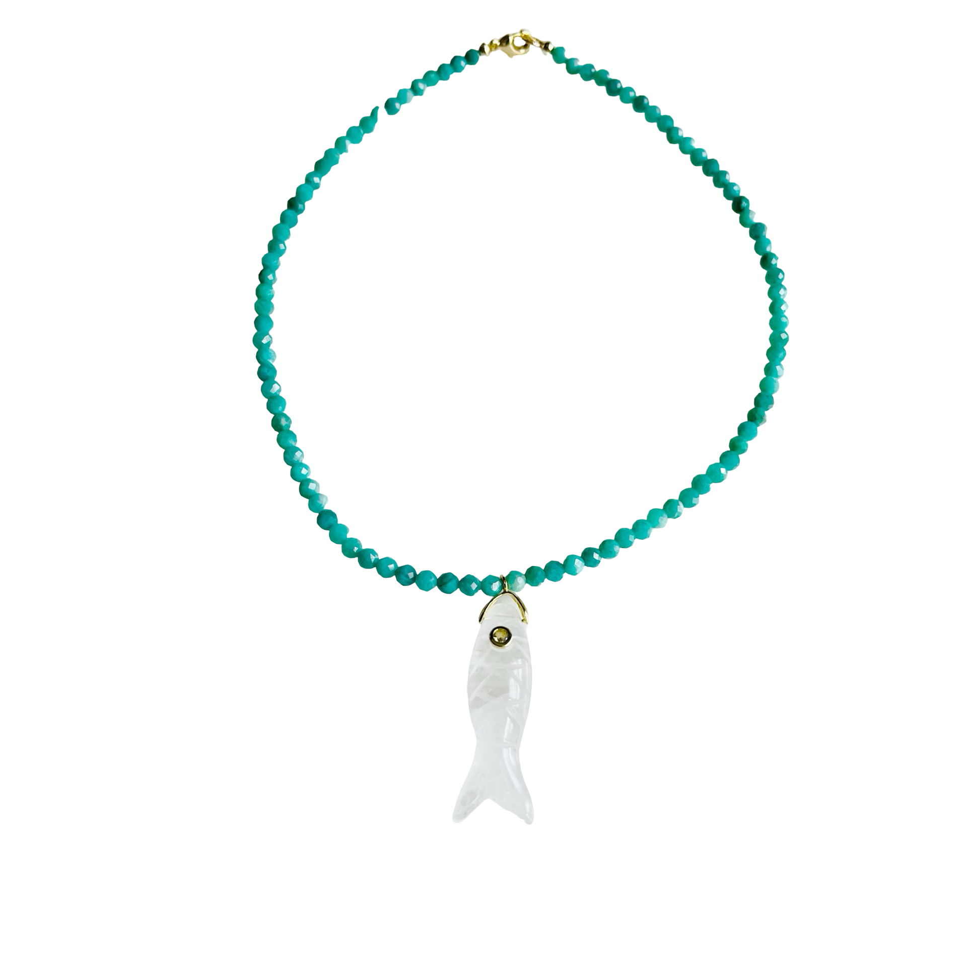 The Big Eye Fish Necklace featuring teal jade gemstone beads and a carved white quartz fish pendant with a gem eye detail on a white background.