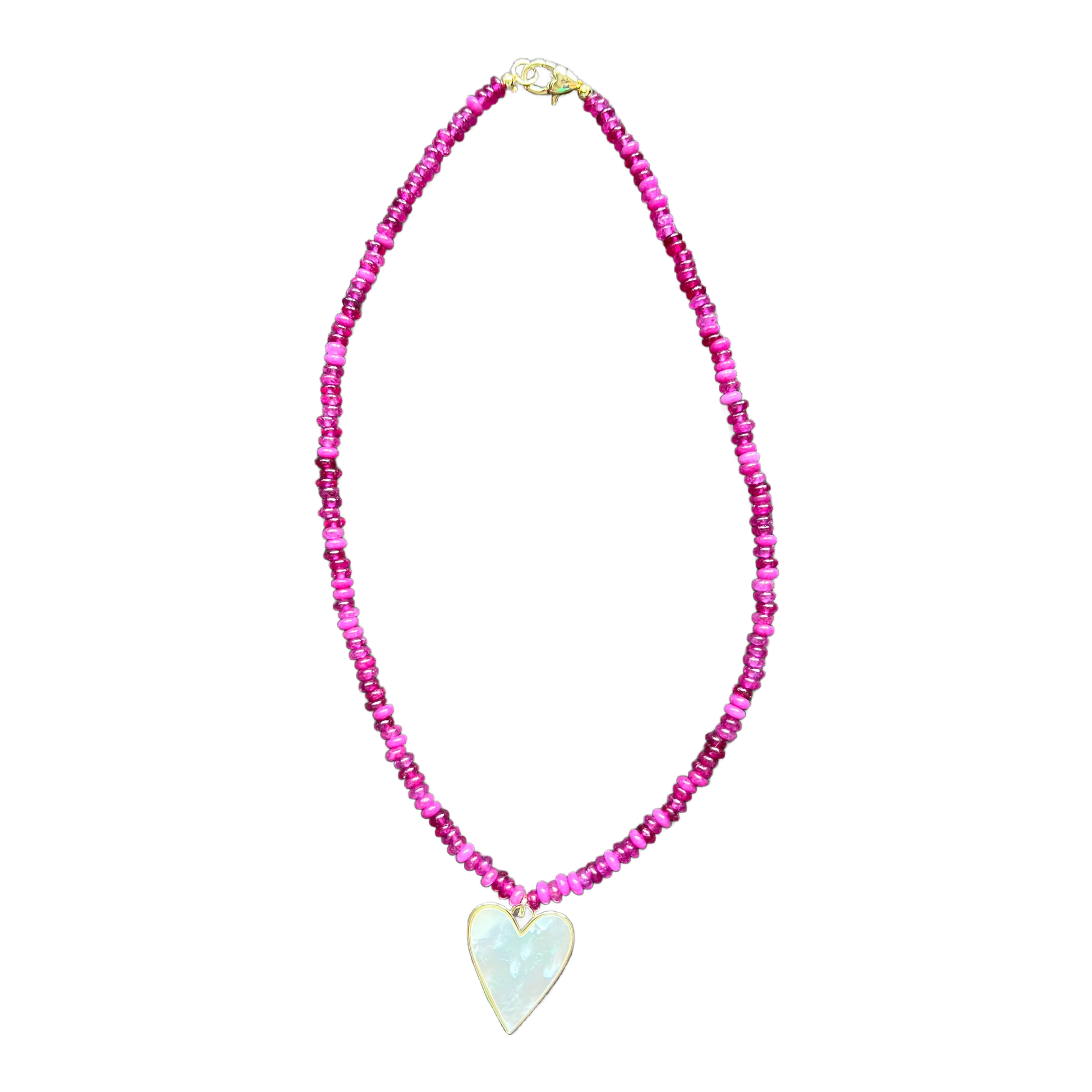 The Mother of Pearl Heart Necklace featuring raspberry jade gemstone beads and a Mother of Pearl heart pendant with 18kt gold plated hardware on a white background.