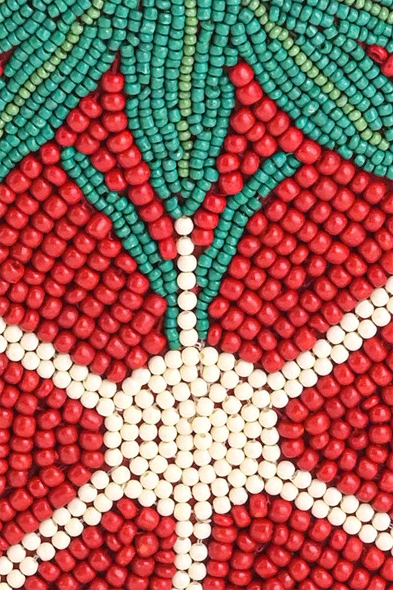 Close-up of the Tomato Tango Crossbody Bag showing red, green, and white beadwork in a tomato-inspired design.