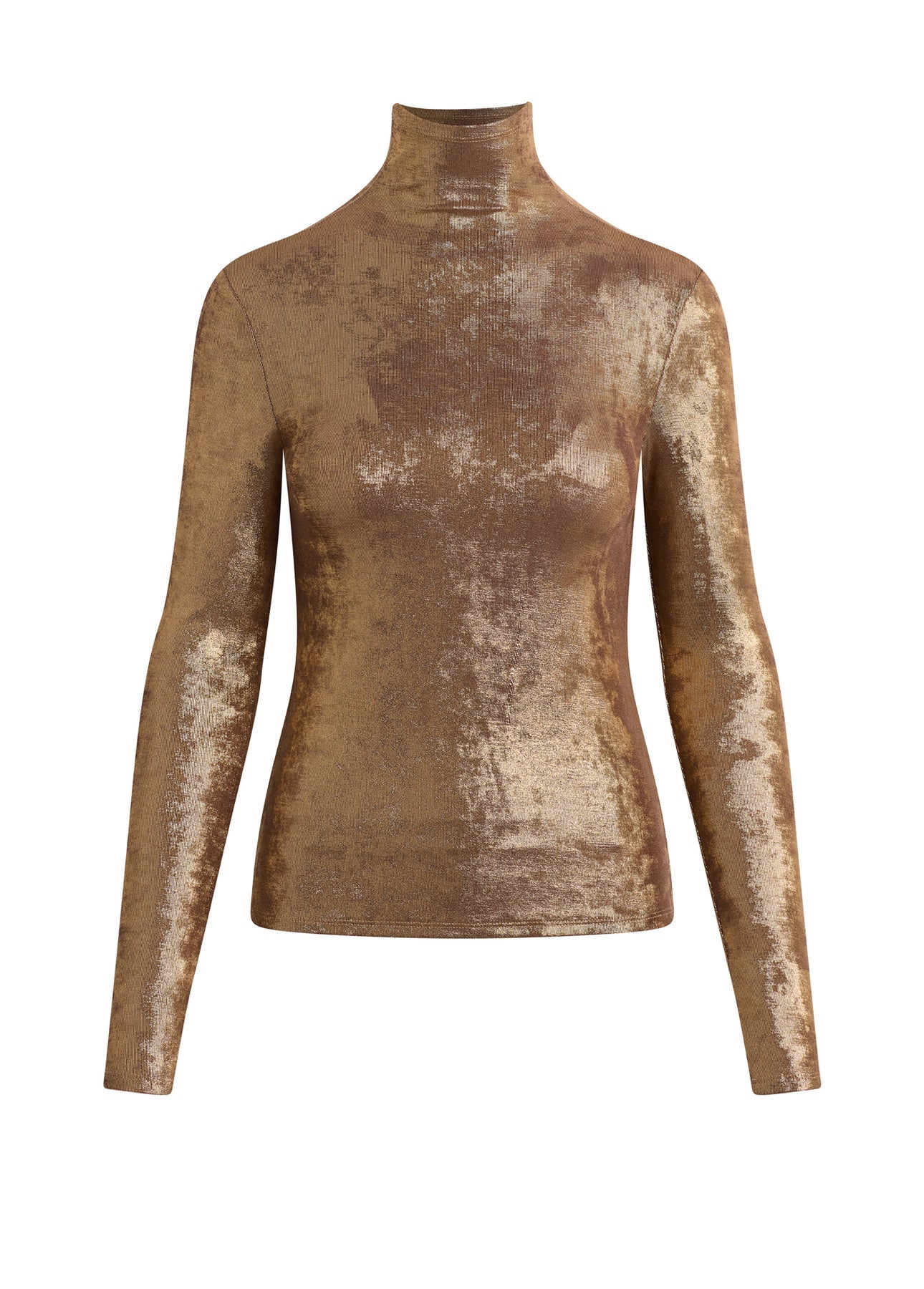 Metallic gold Tony Top with funnel neckline and long sleeves shown laid flat against a neutral background.