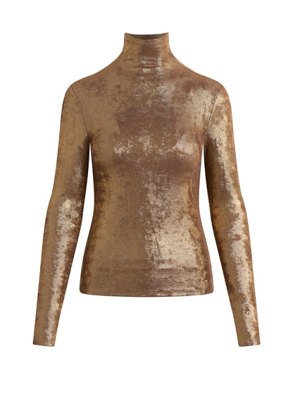 Metallic gold Tony Top with funnel neckline and long sleeves shown laid flat against a neutral background.