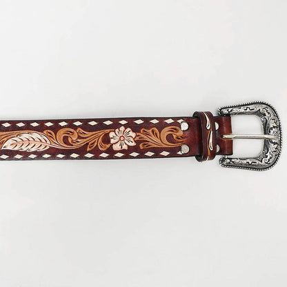 Hand-tooled brown Western leather belt with floral carving, feather detail, and engraved silver buckle