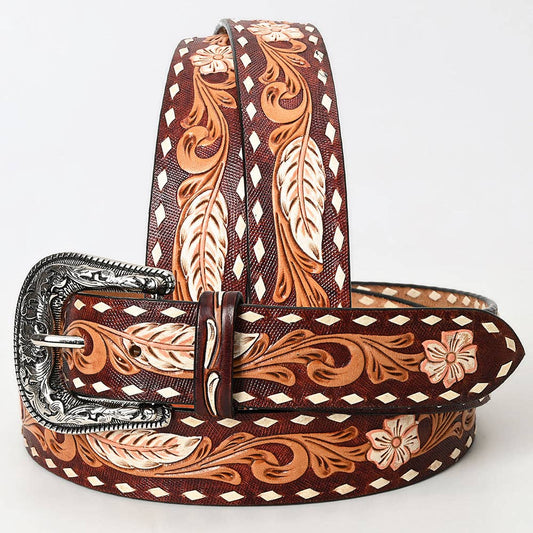 Western leather belt with engraved silver buckle, feather tooling, floral carving, and white diamond edge detailing