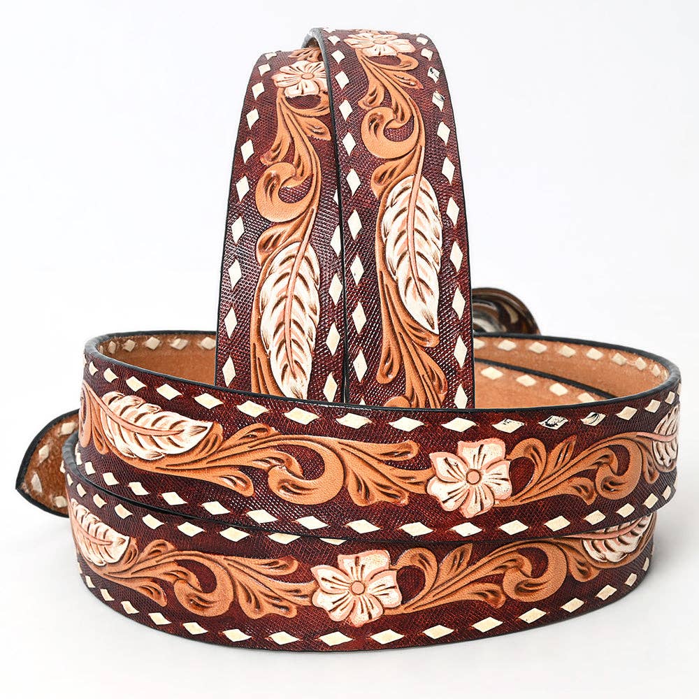 Brown hand-tooled leather Western belt with feather and floral scrollwork and white diamond accents