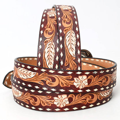 Brown hand-tooled leather Western belt with feather and floral scrollwork and white diamond accents