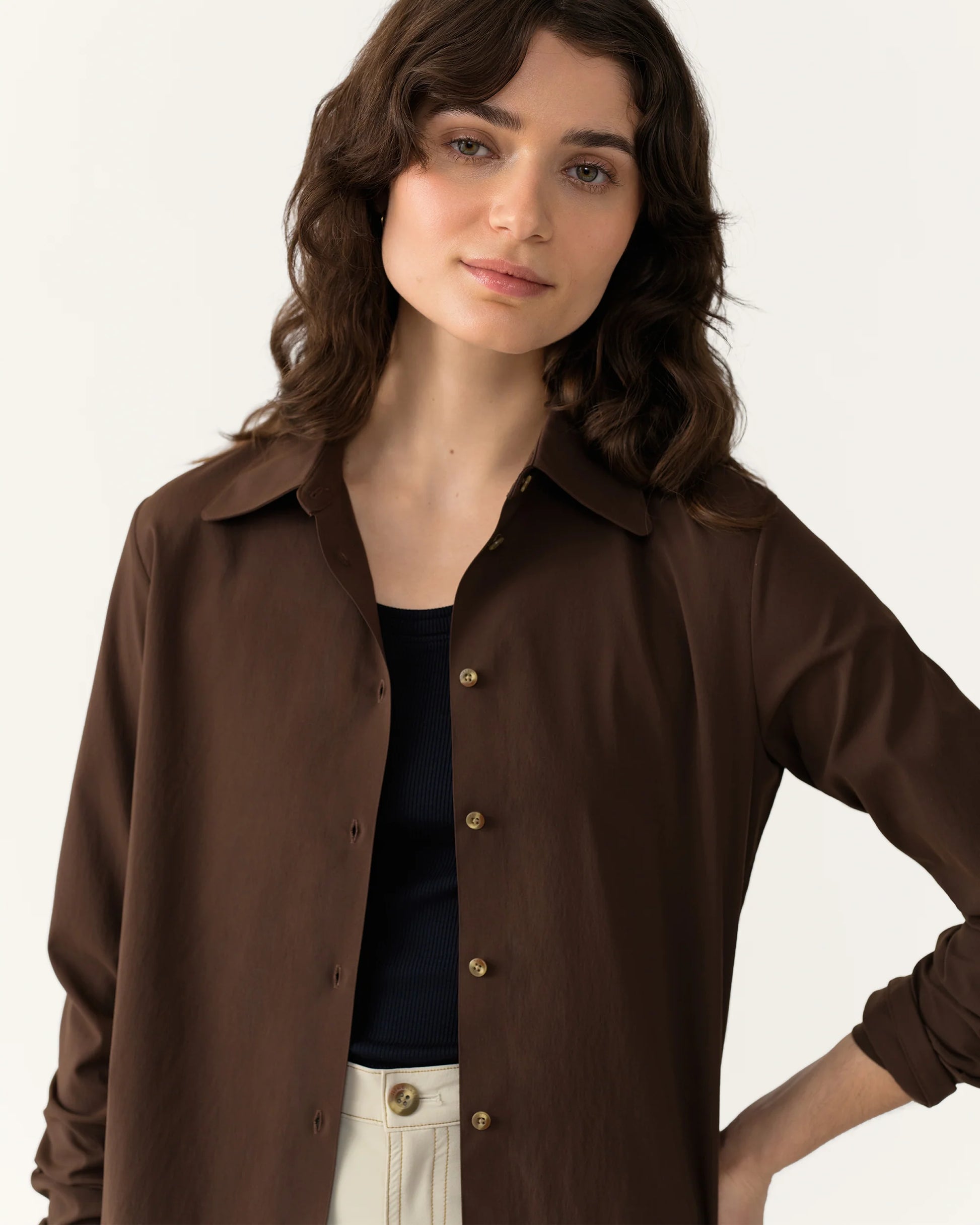 Trail Sun Shirt in Loamy close-up of collar and fabric