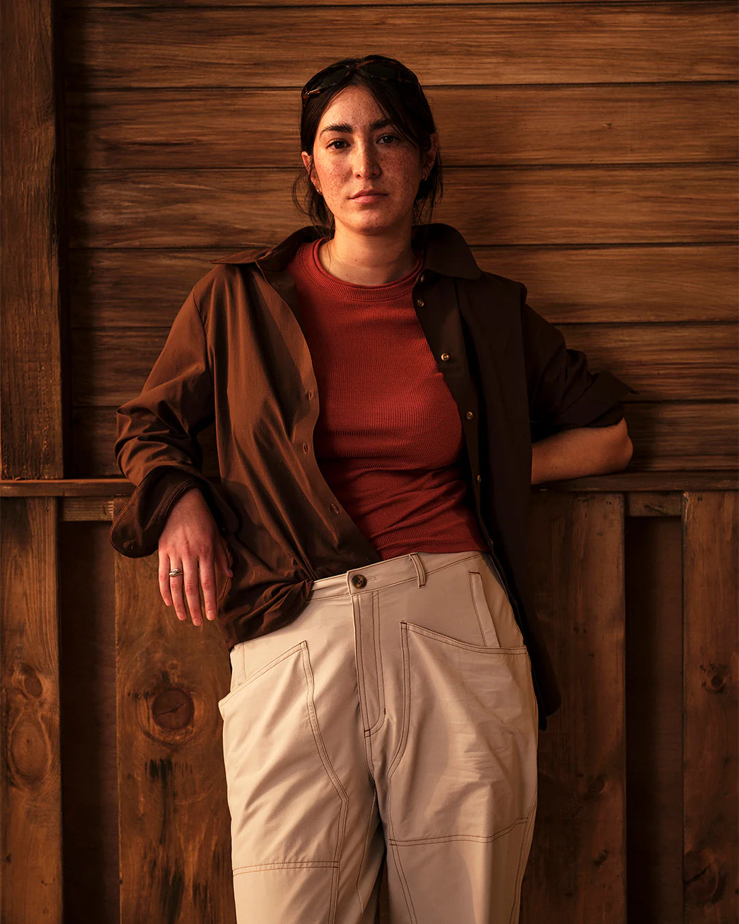 Trail Sun Shirt in Loamy lifestyle image in outdoor setting