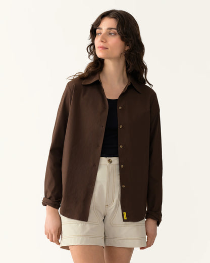 Trail Sun Shirt in Loamy three-quarter view styled with shorts