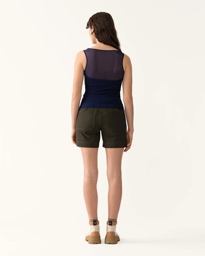 Back view of Trail Tank in Woad showing sheer mesh panel and streamlined fit