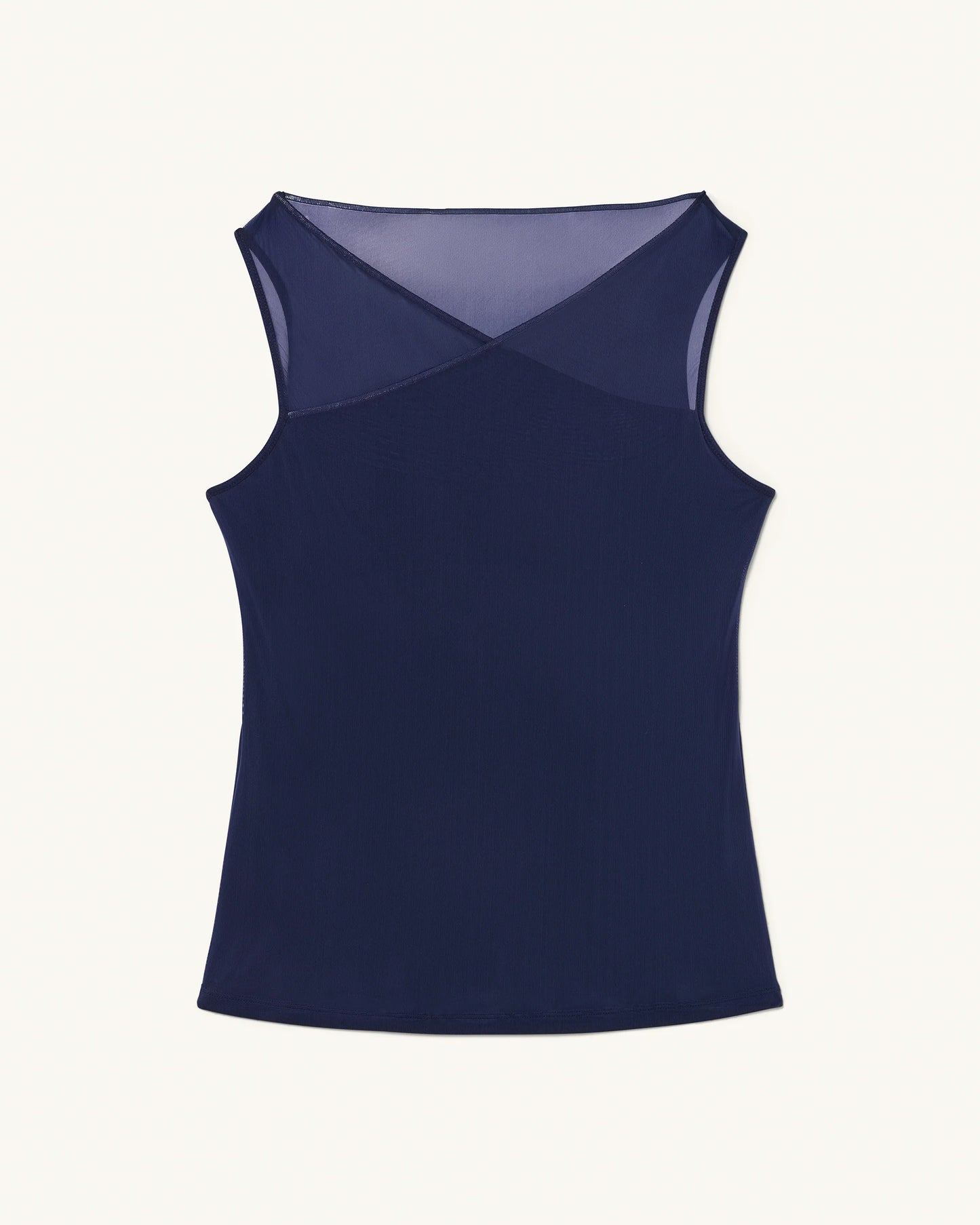 Trail Tank in Woad flat lay showing mesh neckline overlay and clean silhouette
