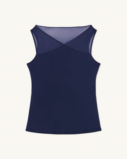 Trail Tank in Woad flat lay showing mesh neckline overlay and clean silhouette