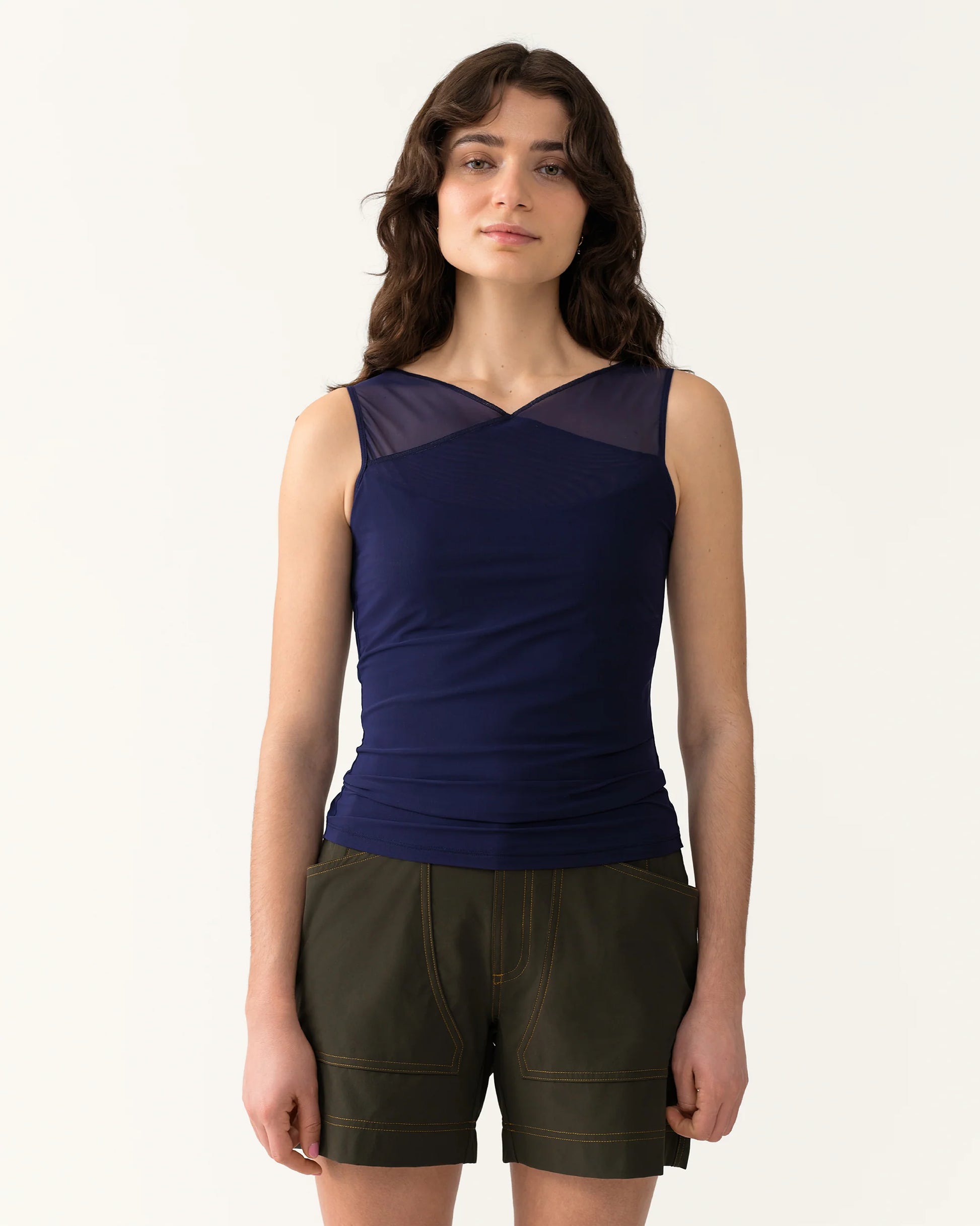 Close-up of Trail Tank in Woad showing mesh overlay and smooth performance fabric