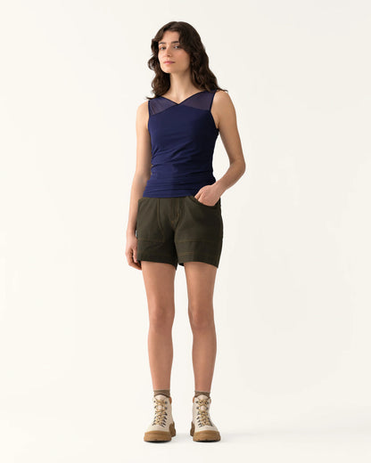 Model wearing Trail Tank in Woad with fitted silhouette and built-in support