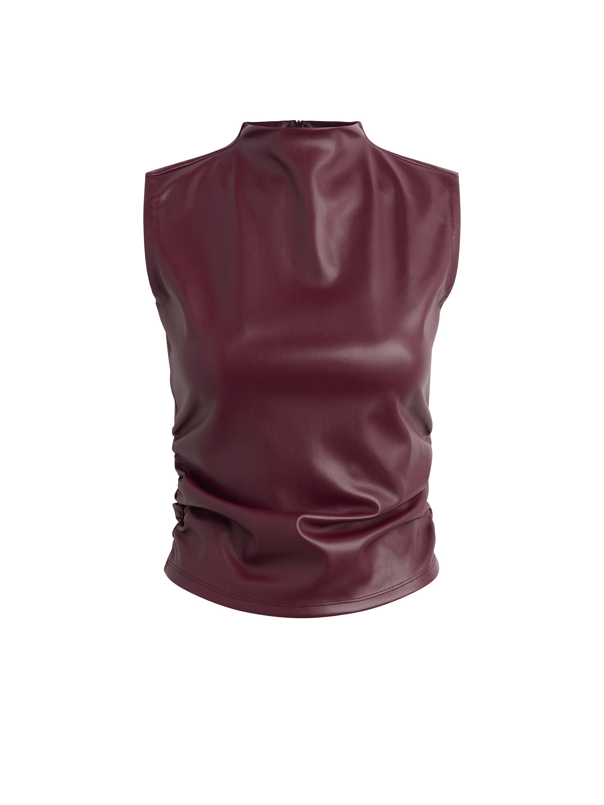 Sleeveless vegan leather top in port royal featuring a fitted silhouette, high neckline, and side seam ruching for a sculpted fit.