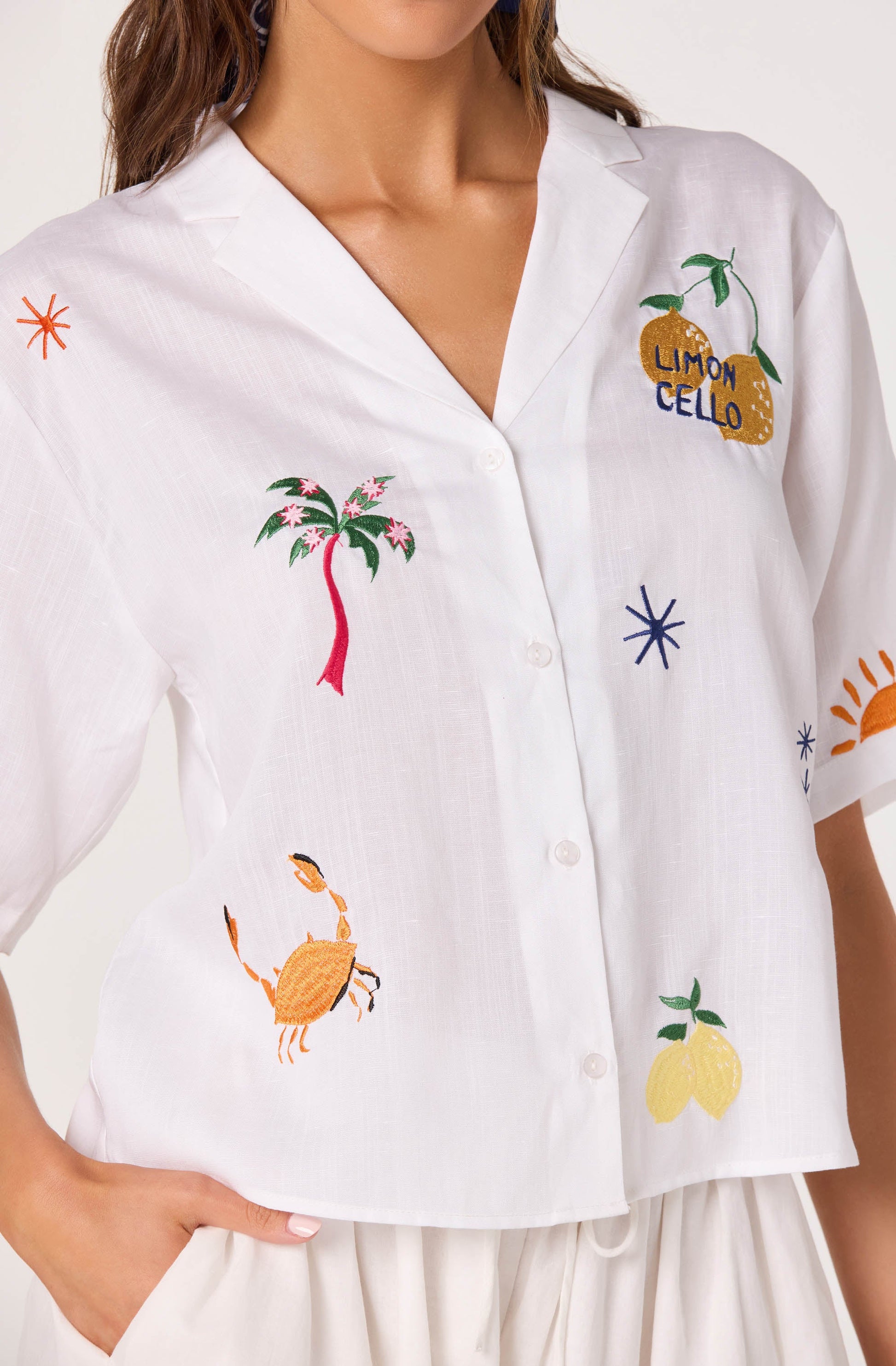 Close-up of the Vesa Embroidered Linen Button-Up Top showing the white semi-sheer linen blend, button-front placket, and summer motif embroidery.