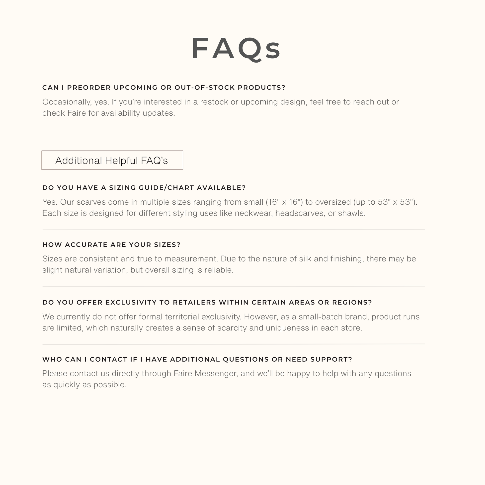 Voyager Silk FAQ graphic with additional answers about wholesale, stock, customization, and retailer support.