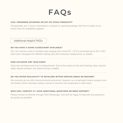 FAQ graphic covering additional help, styling support, and customer questions for Voyager Silk scarves.