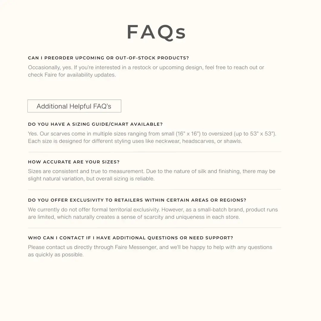 Voyager Silk frequently asked questions covering scarf sizing, custom orders, care, and customer support.