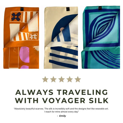 Voyager Silk customer review graphic featuring silk scarf product photos and a five-star travel-inspired testimonial.