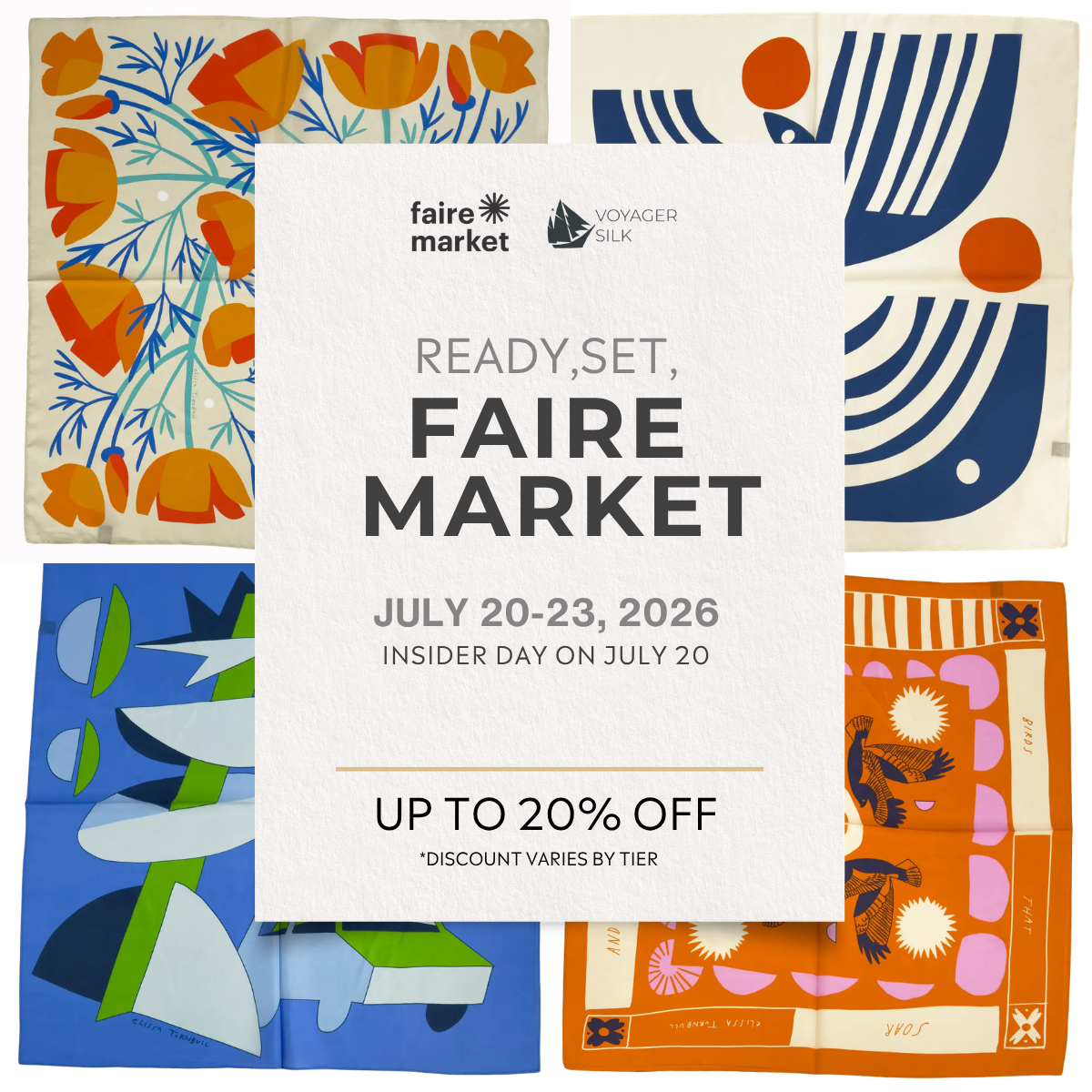 Faire Market promotional graphic featuring colorful Voyager Silk scarf illustrations and event details.